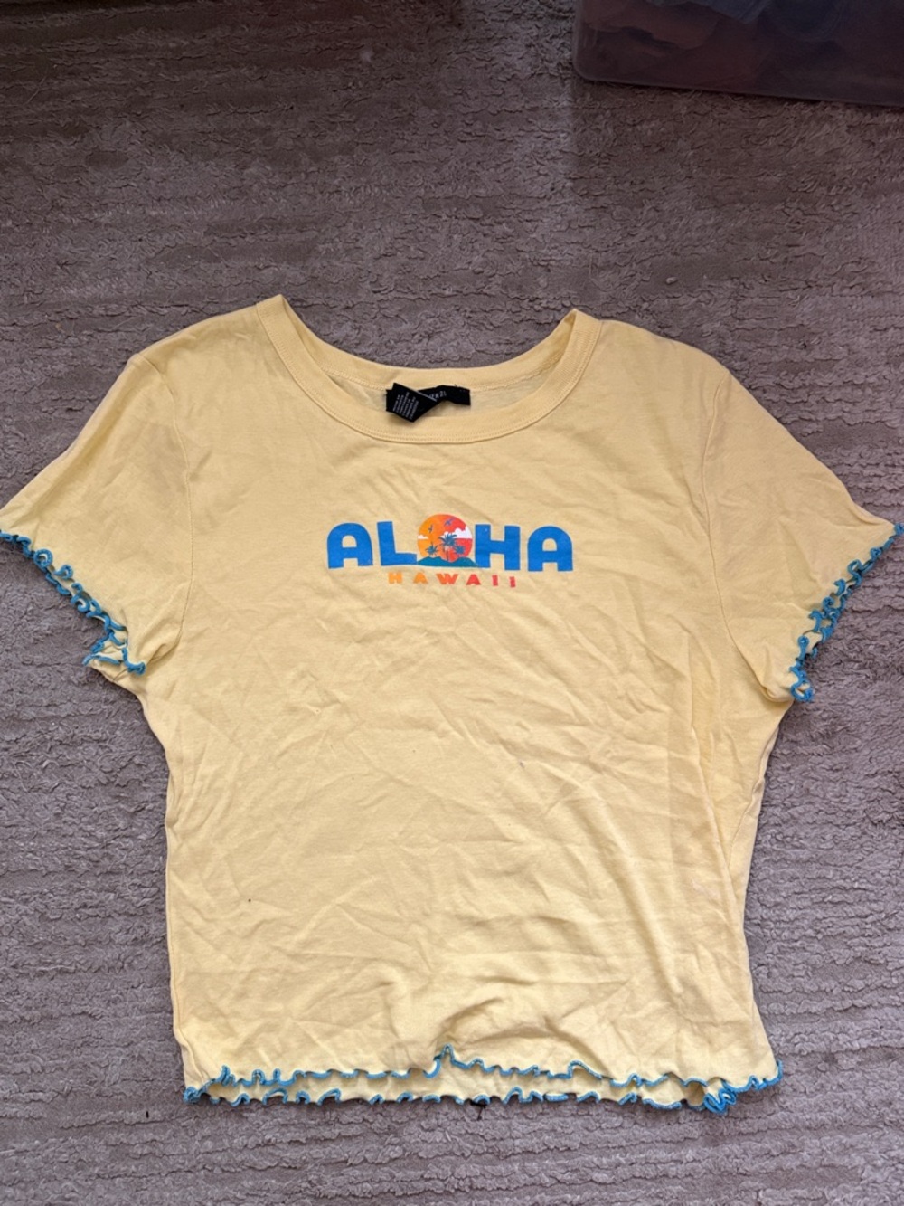 Forever 21 Yellow Aloha Hawaii Crop Top with Blue Trim
